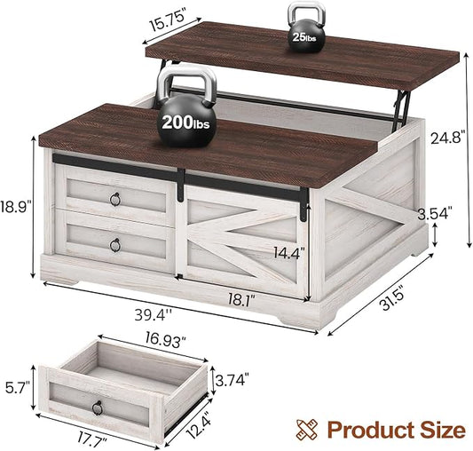 Itaar 39.4'' Lift Top Coffee Table with Storage, Farmhouse Coffee Tables for Living Room, Square Coffee Table with Large Hidden Compartment & 2 Drawers & Adjustable Shelves, Vintage White+Walnut