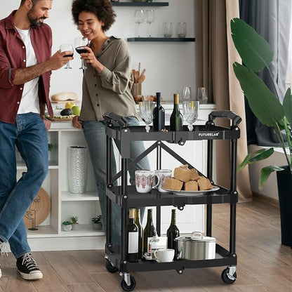 FUTURELAB Portable Folding Service Cart - 3 Tier 330LBS Capacity - Rolling Utility Foldable Cart with Wheels for Warehouse Home Workshops Garages Restaurants Offices