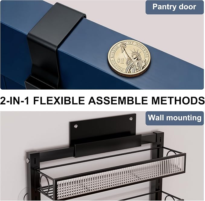 Over the Door Pantry Organizer 6 Tier Hanging or Wall Mounted Spice Rack with Adjustable Basket,Heavy Duty Metal Seasoning Organizer Shelf for Kitchen Pantry and Bathroom