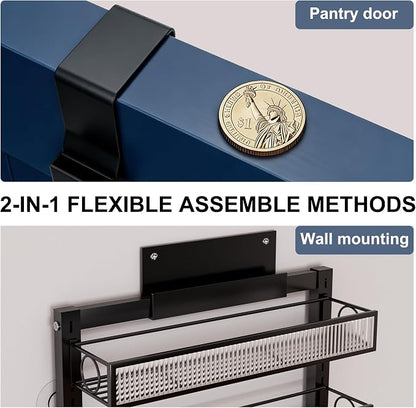 Over the Door Pantry Organizer 6 Tier Hanging or Wall Mounted Spice Rack with Adjustable Basket,Heavy Duty Metal Seasoning Organizer Shelf for Kitchen Pantry and Bathroom
