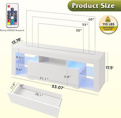 WLIVE TV Stand with LED Lights & 2 Large Storage Drawers, Modern Entertainment Center for 32/43/50/55/60 Inchs TVs, Sturdy TV Console for Living Room, Bedroom(White)