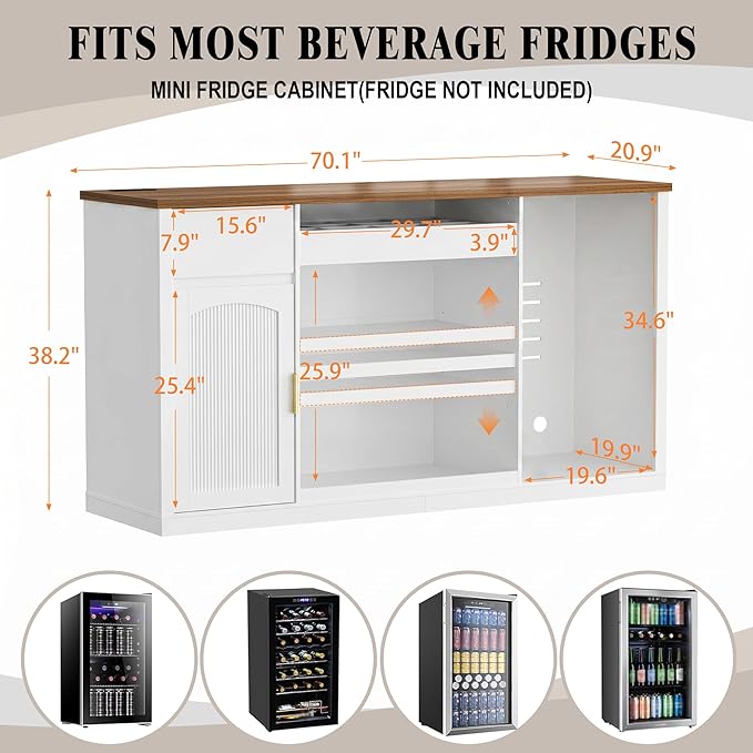 GDLF Snack Bar Cabinet with Fridge Space, 70.1" Snack Organizer with Storage and Candy Display Shelf, Coffee Station for Home Theater or Game Room with LED Lights, White