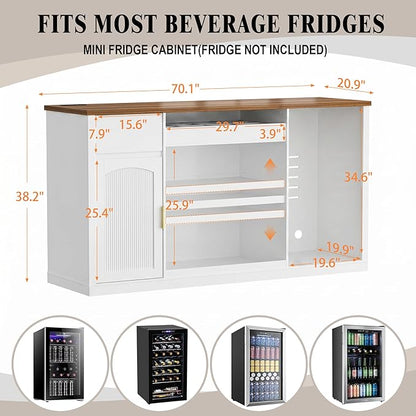 GDLF Snack Bar Cabinet with Fridge Space, 70.1" Snack Organizer with Storage and Candy Display Shelf, Coffee Station for Home Theater or Game Room with LED Lights, White