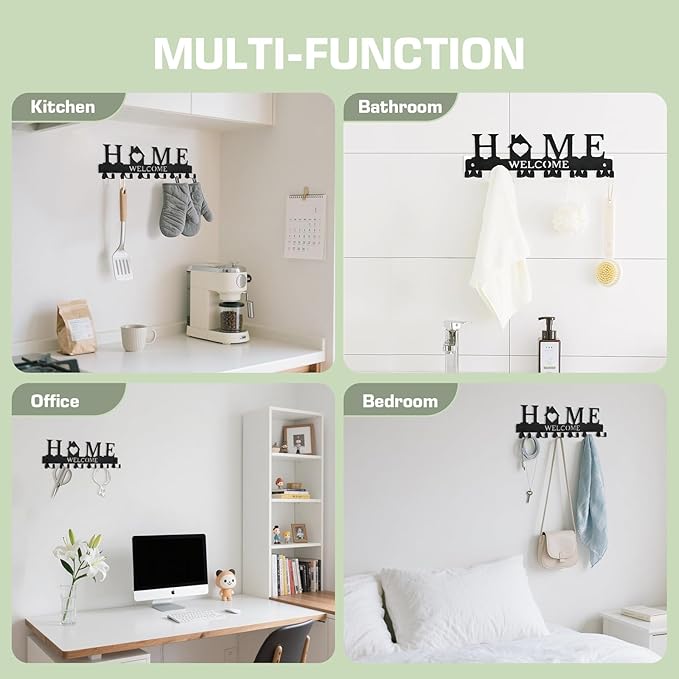 Key Holder Wall Mount, Adhesive Metal Key Hanger with 6 Double Hooks, 2 Installation Methods, Black