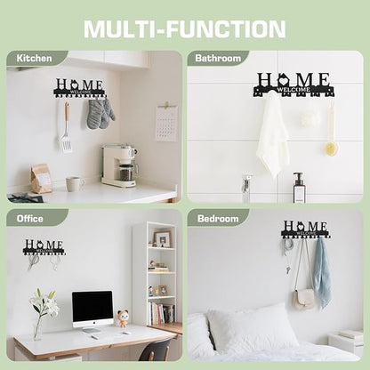 Key Holder Wall Mount, Adhesive Metal Key Hanger with 6 Double Hooks, 2 Installation Methods, Black