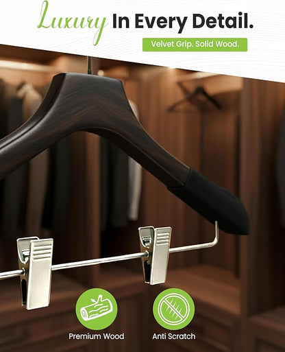 Wooden Hangers with Clips for Women, Solid Wood Skirt & Suit Hangers, Heavy-Duty Adjustable Non-Slip Design with Velvet Grip, Mahogany with Black Velvet, 12 pcs