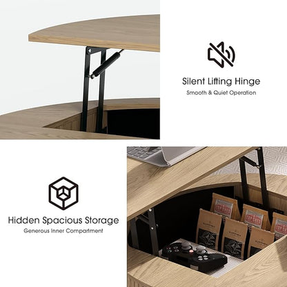 SULIVES Round Coffee Table with Lifting Top, Multifunctional Drum Coffee Table with Sliding Door, Small Fluted Center Table for Living Room, Oak