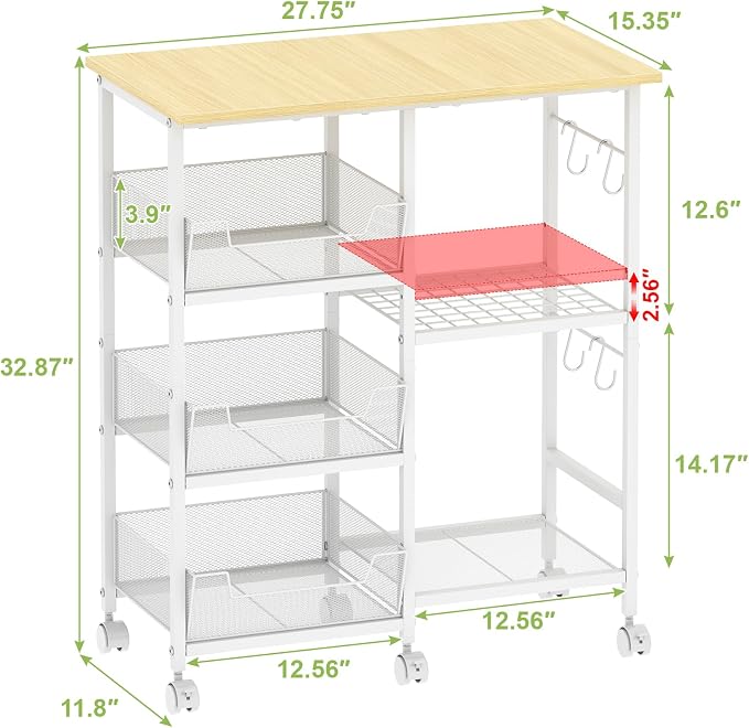 Rolling Kitchen Storage Microwave Cart & Kitchen Island on Wheels, Adjustable Shelf, Lockable Wheels, 27.75" L × 15.35" W, Bakers Rack Microwave Stand with Tilt-Out Baskets, Kitchen, Coffee Bar, White