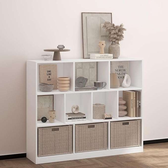 Wooden 10 Cube Book Shelf with Base,3 Tier Freestanding Horizontal Bookshelf, Open Bookcase Cube Shelf Storage Organizer for Bedroom, Living Room, Office, Study Room, White