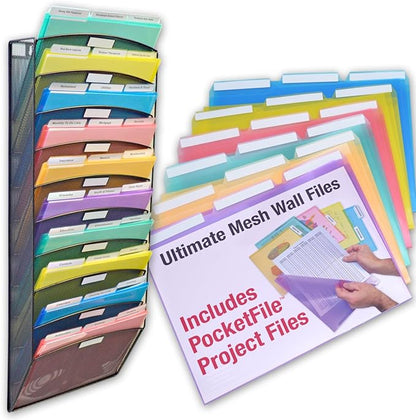 Ultimate Office Mesh Wall File Organizer, 10 Tier Vertical Mount Hanging File Sorter. Multipurpose Display Rack Includes 18, 3rd Cut PocketFile Clear Document Folder Project Pockets (Black)