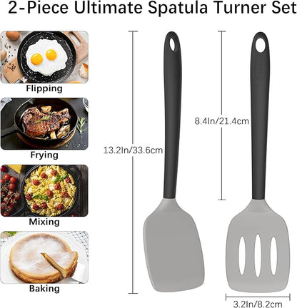 Coukre 2 Pack Silicone Spatula Set, High Heat Resistant, BPA Free Kitchen Spatula, Solid & Slotted Turner for Non-Stick Pans, Sautéing, and Flipping (2, GrayBlack)