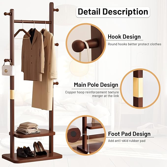 Freestanding Coat Rack with 2 Storage Shelves and 5 Hooks, Heavy Duty Wood Garment Rack for Bedroom, Hallway, Entryway (23.6x11.4x62.6 in)