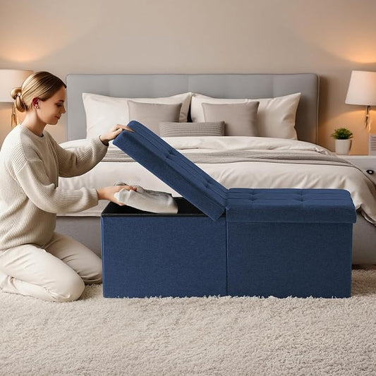 35-INCH Storage Ottoman Bench, Footrest with Storage, End of Bed Bench Coffee Table for Living Room, Bedroom, Entryway, Blue