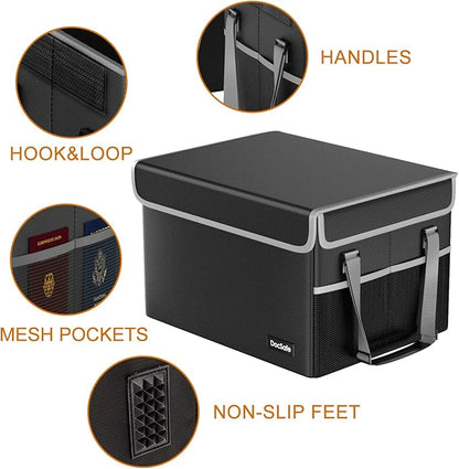 DocSafe File Box Fireproof File Storage Organizer with Lid,Collapsible Document Storage Filing Case for Hanging Letter/Legal Folders,Portable Home Office Safe Cabinet with Handle,Black