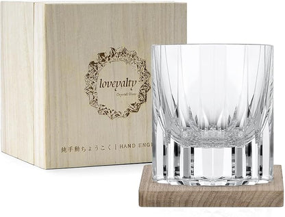 Lovelalty K9 Crystal Whiskey Glass Wooden Cup Mat Set 8.5oz Hand Engraving Asterism Kaleidoscope Pattern Old Fashioned Glass Wineglass Whisky Rock Glass