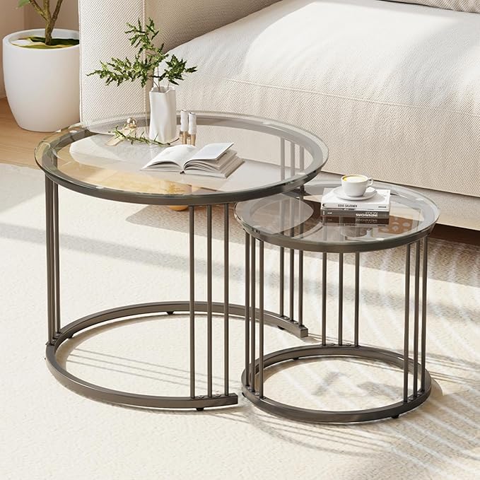 Garden 4 you Nesting Coffee Table, 23.6" Round Coffee Table Set of 2, Glass Nesting Table with Metal Frame, Ceter Tables for Living Room Bedroom Balcony, Black
