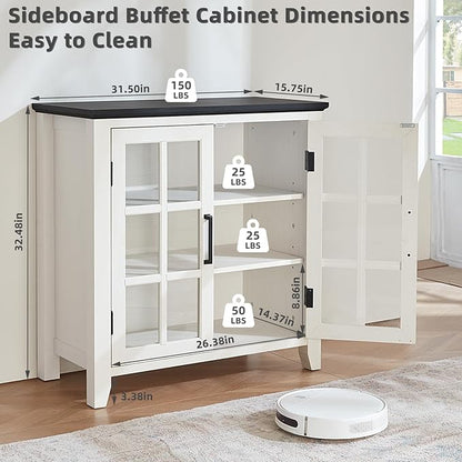 Sideboard Buffet Cabinet with Storage, 32" Farmhouse Kitchen Coffee Wine Bar Cabinet with 2 Glass Doors, Wood Mid Century Modern Side Board Table for Dining Room, Living Room, White