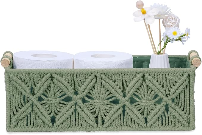 Nonam Macrame Storage Baskets, Boho Decor Style Woven Storage Boxes for Home Organization, Toilet Tank Shelf Cabinet Organizer Baskets,Set of 2,Green