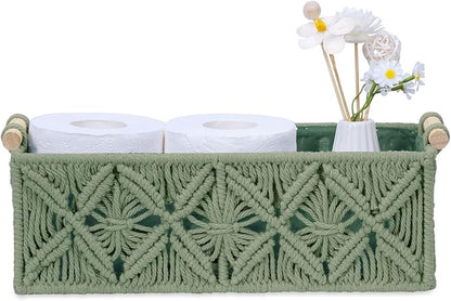 Nonam Macrame Storage Baskets, Boho Decor Style Woven Storage Boxes for Home Organization, Toilet Tank Shelf Cabinet Organizer Baskets,Set of 2,Green