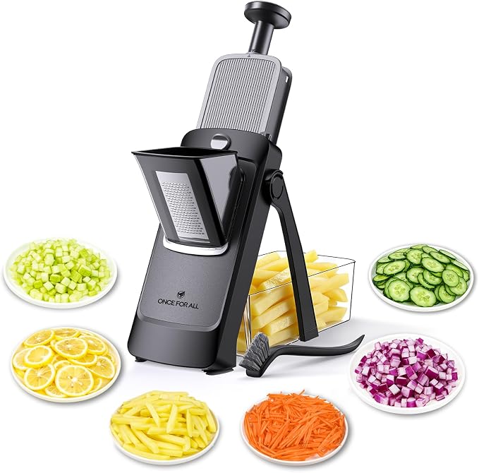 ONCE FOR ALL Safe Mandoline Slicer Pro, 4th Gen, Adjustable Thickness Vegetable Slicer For Kitchen, Food Chopper With Container, Veggie Chopper Cutter For Potato Onion Fruit, Black