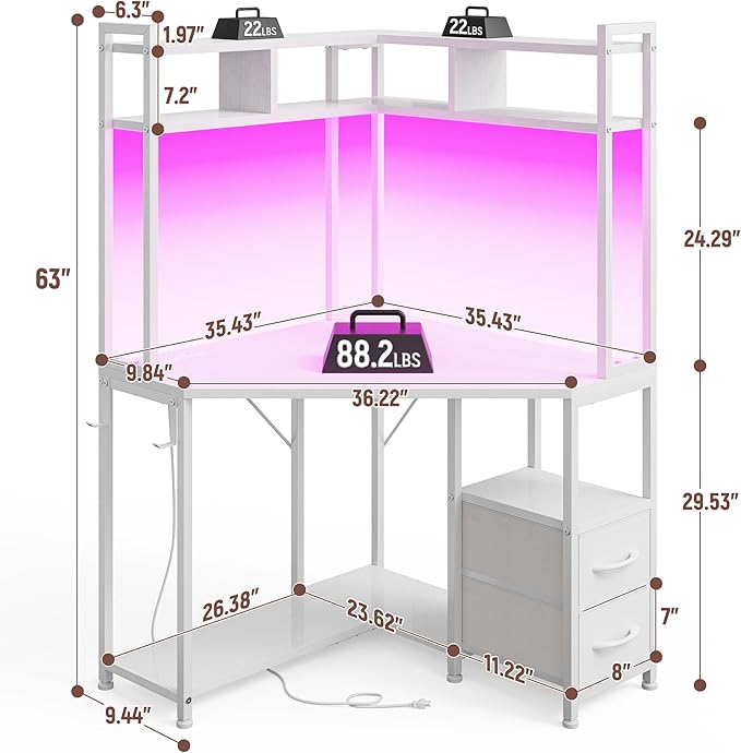 Corner Desk,35.4" W x 63" H Small Computer Desk and Office Desk with Hutch & LED Lights，Gaming Desk with Storage Drawers & Shelves and Hook for Small Space，White