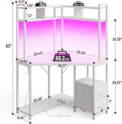 Corner Desk,35.4" W x 63" H Small Computer Desk and Office Desk with Hutch & LED Lights，Gaming Desk with Storage Drawers & Shelves and Hook for Small Space，White
