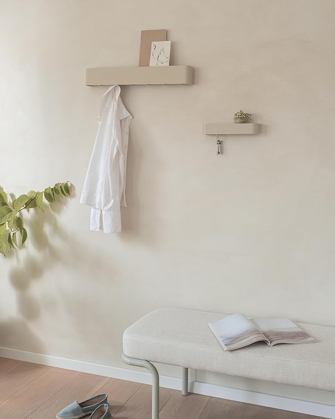 Kazai. Key Holder for Wall 'Tone' | Minimalist Key Hooks Design from Berlin | Modern Key Hanger with Metal Shelf | Key Hook Wall Mounted as Hallway Furniture | Taupe