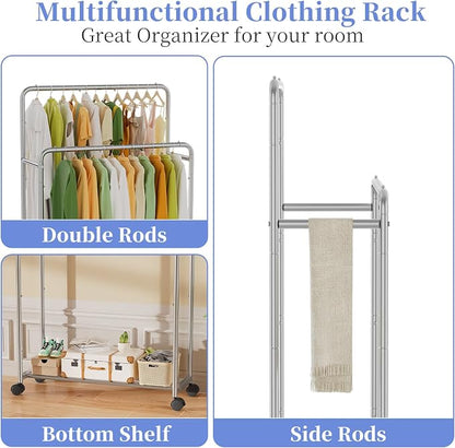Simple Trending Clothing Clothes Rack Double Rods with Wheels, Rolling Metal Garment Rack for Hanging, Silver