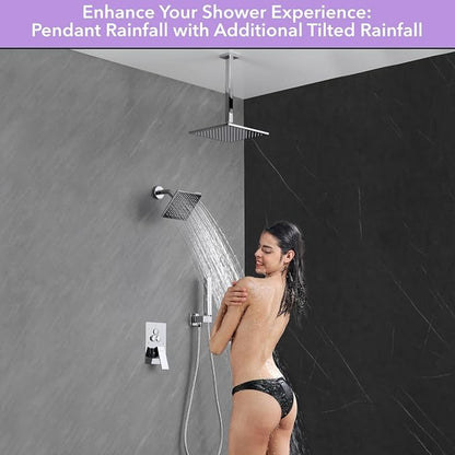 VANFOXLE Shower Faucet Set Chrome Shower System, Push Button Diverter Shower Faucet with Trim Kit, Ceiling Mount 10 Inch Shower Head Increased Thick, 6 Inch Side Shower Head, 2-in-1 Handheld
