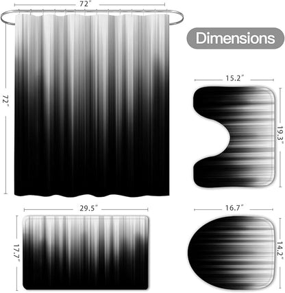 4 Pcs Grey and Black Gradient Shower Curtain Set with Rugs and Toilet Lid Cover, Modern Simple Waterproof Fabric Bathroom Set, Ombre Stripe Gothic Abstract Bathroom Decor Set Accessories