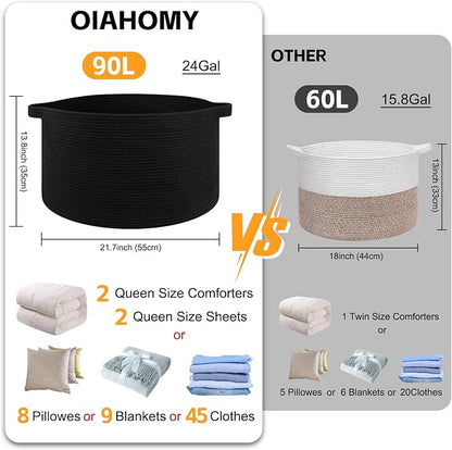 OIAHOMY 90L XXXLarge Blanket Basket for Living Room, 21.7" x 13.8" Woven Cotton Rope Laundry Basket for Organizing Pillows, Decorative Stuffed Animal Toy Storage for Nursery, Black