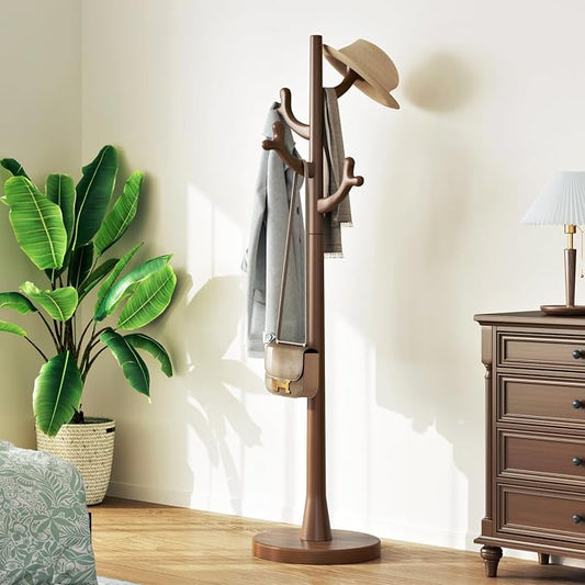 Uniclinens Coat Rack Freestanding Solid Wood Coat Tree Standing with 4 Hooks, Coat Rack Stand Creative Tree Branch-look (Walnut)