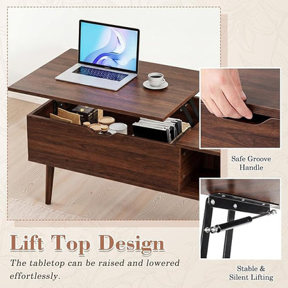 Sweetcrispy Coffee Table Lift Top Coffee Tables for Living Room,Small Rising Wooden Center Tables with Storage Shelf and Hidden Compartment, Dark Brown