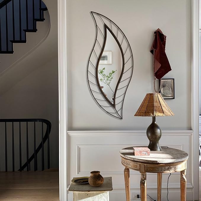 ironsmithn Decorative Wall Mirror, Leaf Design Metal Frame, 45" x 18.5" Unique Wall Mirror for Bathroom Vanity Living Room Bedroom Fireplace(Rustic)