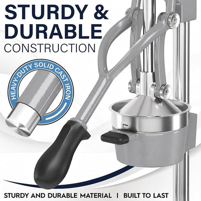 Eurolux Ultra-Premium Cast Iron Juicer | Extra-Large, Heavy Duty, Commercial Grade, Stainless Steel Manual Hand Press Citrus Squeezer For Fresh Orange Juice, Pomegranate, Lemon, and Much More (Gray)