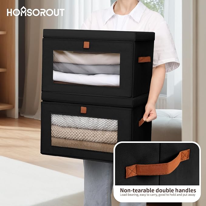 Homsorout Large Closet Storage Bins - Collapsible Clothes Organizer with Handles & Window, Decorative Boxes with Lids, Linen Closet Organizers for Living Room, Dorm, 8 Pack, Black