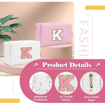 Personalized Makeup Bag Initial A-Z Preppy Patch Bag,Small PU Leather Travel Cosmetic Bag Pouch with Zipper,White Cute Toiletry Bag,Gift Ideal for Teen Girls Women Birthday Friend Mom,Letter K
