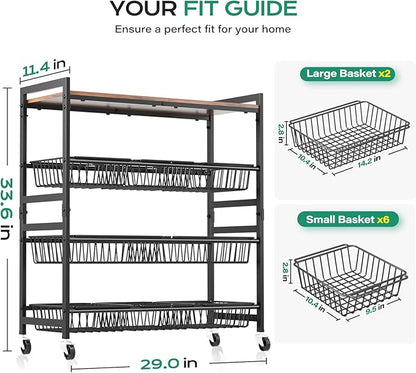 Cinati 4-Tier Utility Kitchen Cart with Wood Top, 29" W Kitchen Storage Cart with 8 Baskets & Handle, Metal Snack Cart with Wheels, Adjustable Pantry Organizer and Storage Cart for Fruit, Vegetables