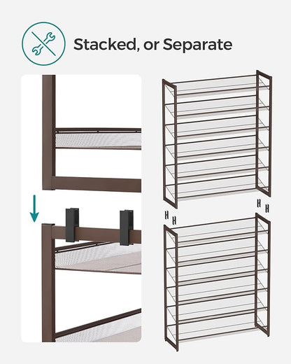 SONGMICS Shoe Rack, 12-Tier Shoe Organizer, Metal Rack for Garage, Set of 2, 6-Tier Stackable Shelf, with Adjustable Flat or Angled Shelves, Holds 48-60 Pairs, Bronze ULMR12A