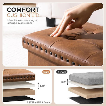 oakvivo 30 Inches Folding Storage Ottoman Bench, PU Leather Tufted End of Bed Bench, Foot Rest with Rivet Design, Ottoman with Storage, Load 330 lb, for Living Room, Bedroom, Entryway, Brown