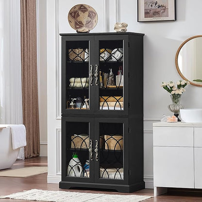 67" Tall Pantry Cabinet, Vintage Kitchen Pantries Cabinets with Glass Doors & Adjustable Shelves, Freestanding Wood Cupboard with Large Storage for Dingning Room, Bathroom, Black