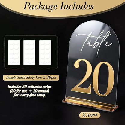 Crystal Clear Acrylic Wedding Table Numbers 1-10 Set, Self-Standing Modern Arched Signs for Reception Seating, Anniversary & Bridal Shower, Elegant Wedding Decor (5x7 Inches)