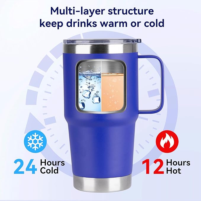 20oz Tumbler Bulk with Lid, Stainless Steel Tumbler Bulk with Handle, Metal Insulated Travel Coffee Mug Set with Handle, Double Wall Vacuum Leak Proof Tumbler Cup, Blue 6 Pack