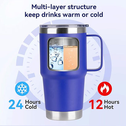 20oz Tumbler Bulk with Lid, Stainless Steel Tumbler Bulk with Handle, Metal Insulated Travel Coffee Mug Set with Handle, Double Wall Vacuum Leak Proof Tumbler Cup, Blue 6 Pack