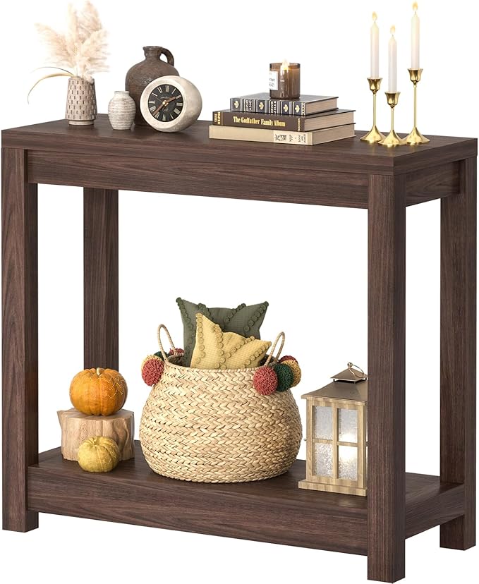 Small Farmhouse Wood Entryway Table Narrow Console Table with Storage Behind Couch Sofa Table with Shelves Entry Way Tables with Open Storage, Easy Assembly, 32" Black Walnut