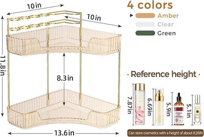 BEFSOP Corner Bathroom Counter Organizer, Upgraded 2-Tier Makeup Organizer Countertop with Makeup Brush Holder, Skincare Exquisite Vanity Organizers Countertop Bathroom Storage Dresser(GOLD)