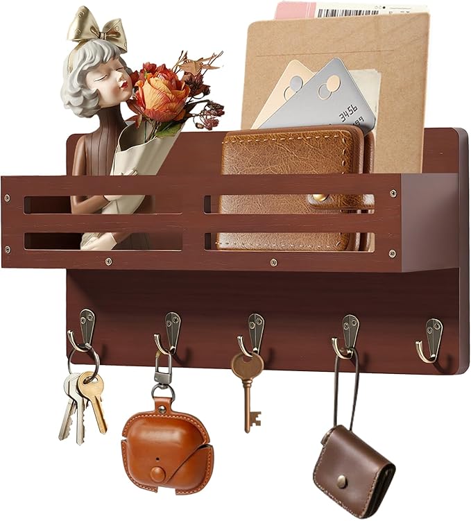Key Holder Wall Mount Farmhouse Key Hooks for Wall with Mail Organizer Decorative Key Rack with 5 Sturdy Hooks for Dog Leash, Sunglasses, Rustic, Paulownia Key Hanger for Entryway