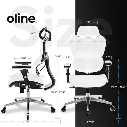 Oline ErgoPro Ergonomic Office Chair with 4D Adjustable Armrest, 3D Lumbar Support and Blade Wheels - Mesh Computer Gaming Rolling Desk Executive Swivel Home Chair (White)