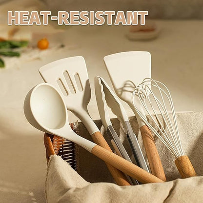Umite Chef Kitchen Cooking Utensils Set, 33 pcs Non-stick Silicone Cooking Kitchen Utensils Spatula Set with Holder, Wooden Handle Silicone Kitchen Gadgets Utensil Set (Cream White)