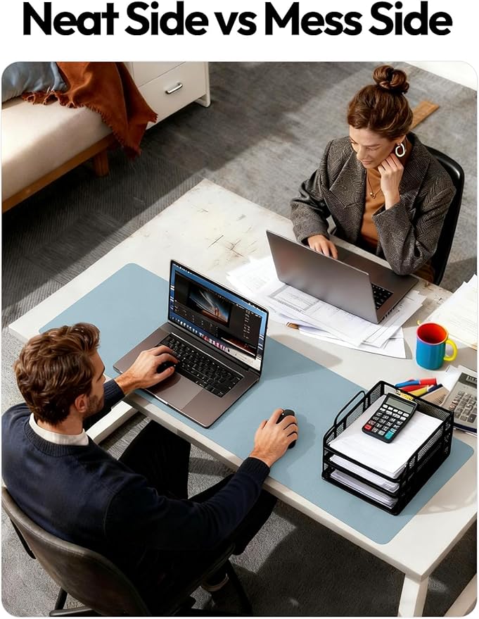 YSAGi Leather Desk Protector, Office Mat, Large Mouse Mat, Non-Slip PU Leather Blotter, Laptop Desk Pad, Waterproof Writing Pad for Office and Home (Ice Blue, 31.5" x 15.8")